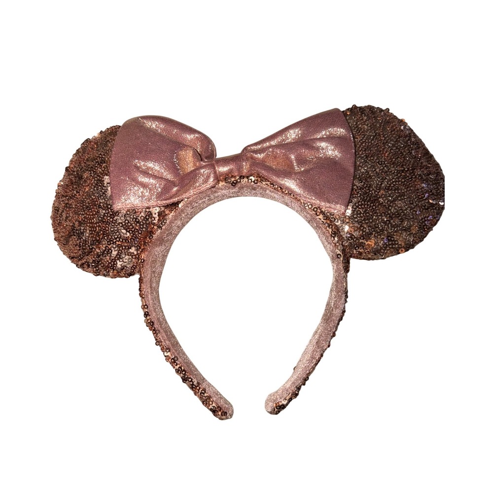 Disney Parks Minnie Mouse Ears Headband OS Rose Gold Sequin Metallic Bow